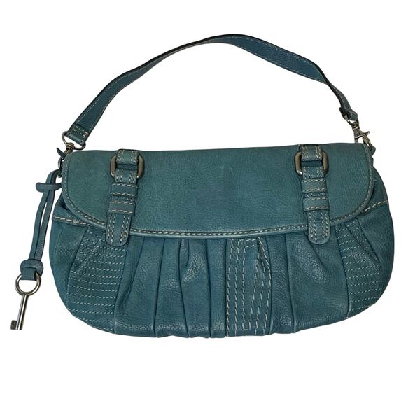 Vintage Y2K Fossil East West Shoulder Bag Blue Denim Stitch Leather Buckle - Picture 1 of 10